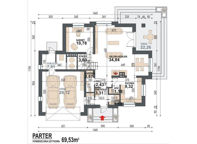 Rzut parteru POW. 106,6 m²