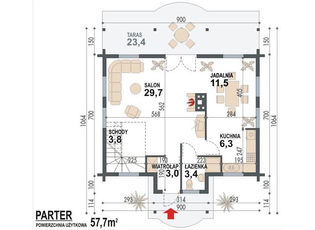 Rzut parteru POW. 57,7 m²