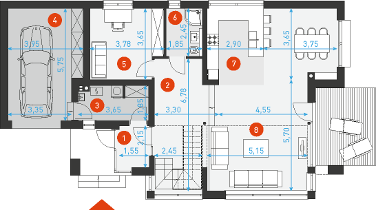 Rzut parteru POW. 114,9 m²
