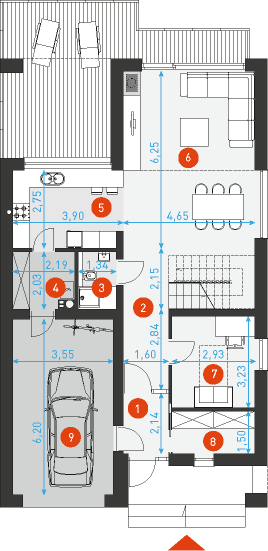 Rzut parteru POW. 90,9 m²