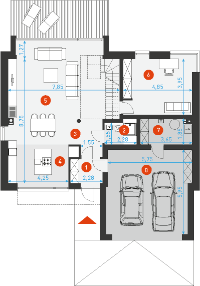 Rzut parteru POW. 128,2 m²