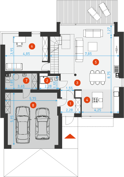 Rzut parteru lustro POW. 128,2 m²