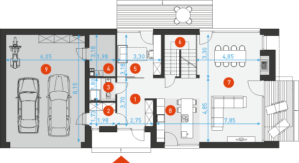Rzut parteru POW. 133,3 m²
