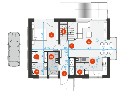 Rzut parteru POW. 70,2 m²