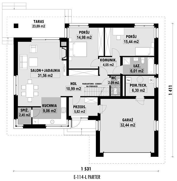 Rzut parteru lustro POW. 141,2 m²