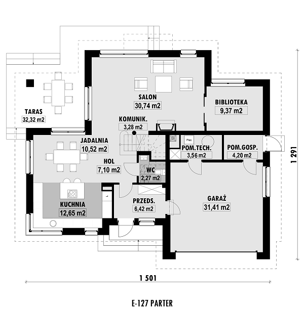 Rzut parteru lustro POW. 121,5 m²
