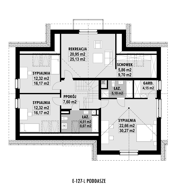 Rzut poddasza lustro POW. 122,4 m²