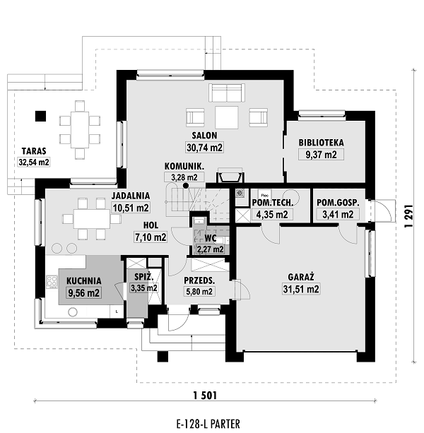 Rzut parteru lustro POW. 121,3 m²