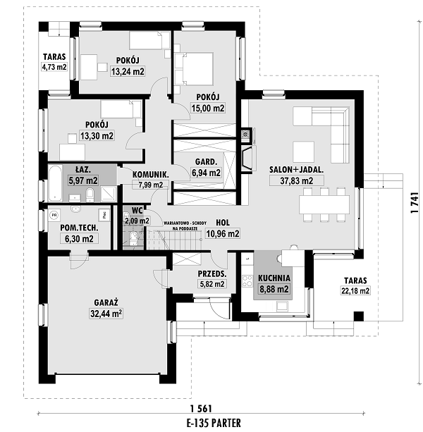 Rzut parteru lustro POW. 166,7 m²