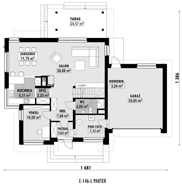 Rzut parteru lustro POW. 123,3 m²