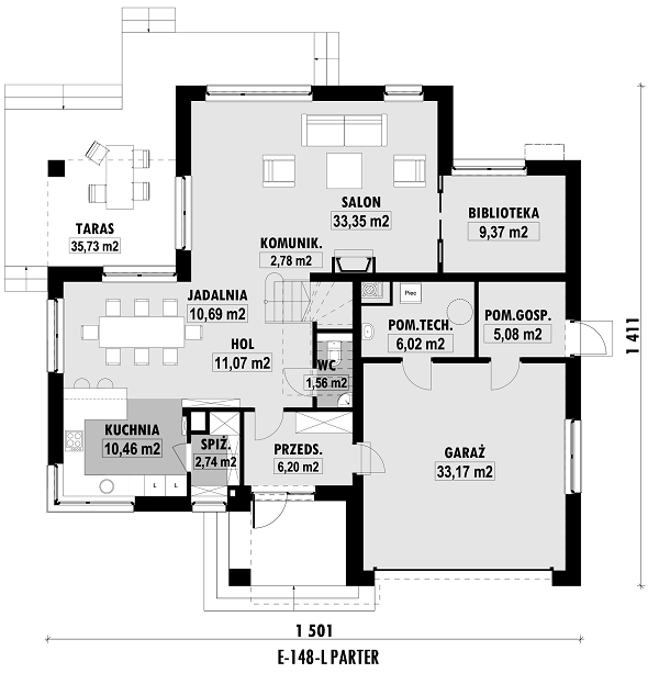 Rzut parteru lustro POW. 132,5 m²