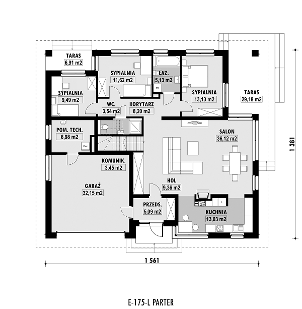 Rzut parteru lustro POW. 157,3 m²