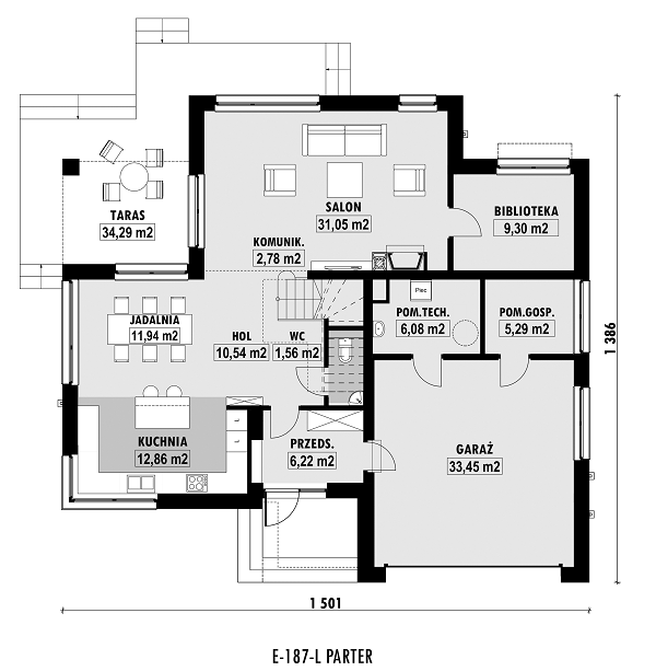 Rzut parteru lustro POW. 131,1 m²