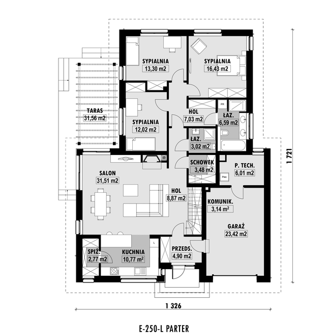 Rzut parteru lustro POW. 153,3 m²