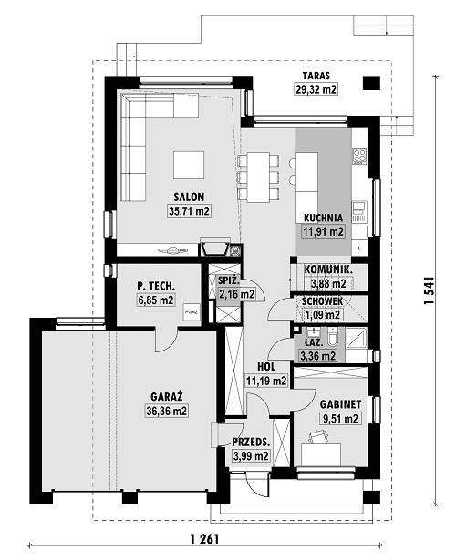 Rzut parteru POW. 126,0 m²