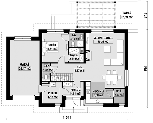 Rzut parteru POW. 102,2 m²