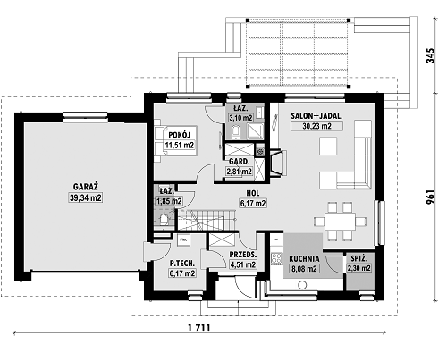 Rzut parteru POW. 116,1 m²
