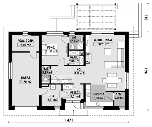 Rzut parteru POW. 104,9 m²
