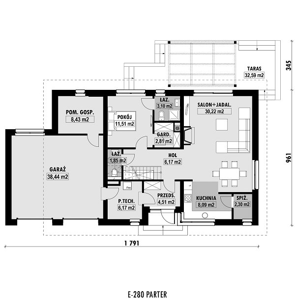 Rzut parteru POW. 123,6 m²