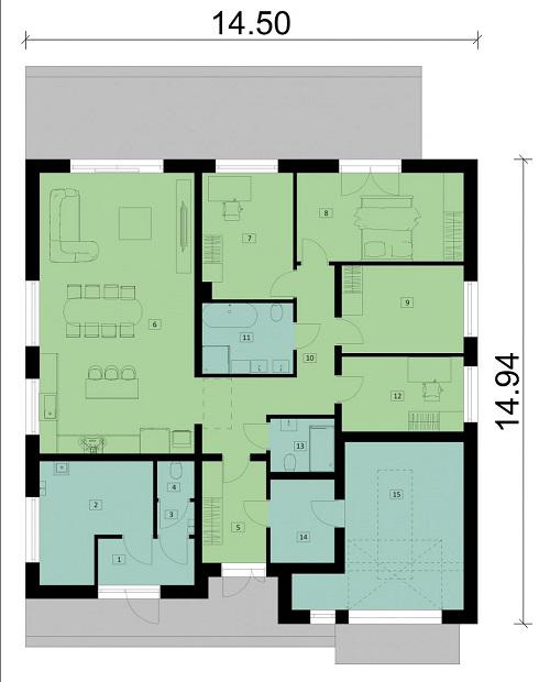 Rzut parteru: (w tym pow. użytkowa usługi 18,9 m2) POW. 168,4 m²