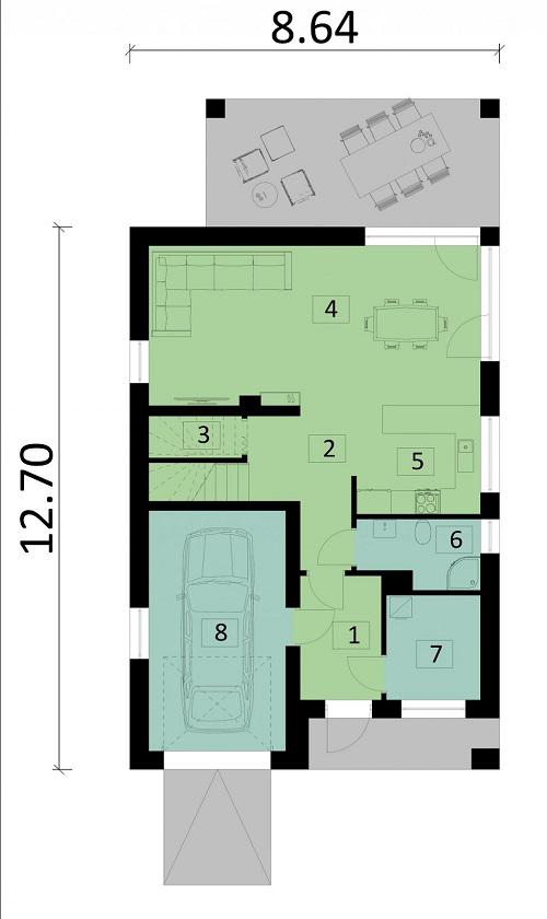 Rzut parteru POW. 80,4 m²