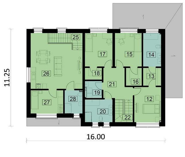Rzut piętra: pow. użytk.: lok. A = 82,8 m2, lok. B = 52,6 m2 POW. 0,0 m²