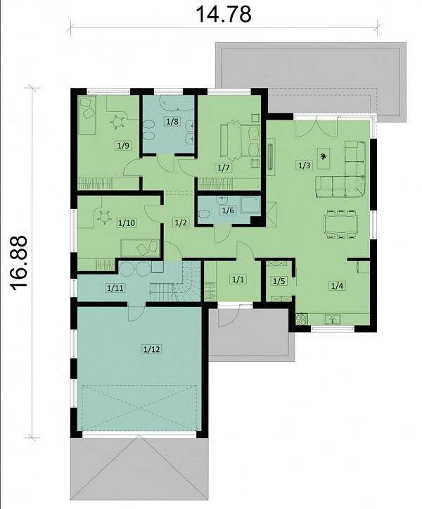 Rzut parteru POW. 166,5 m²