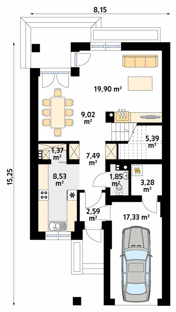 Rzut parteru POW. 74,5 m²