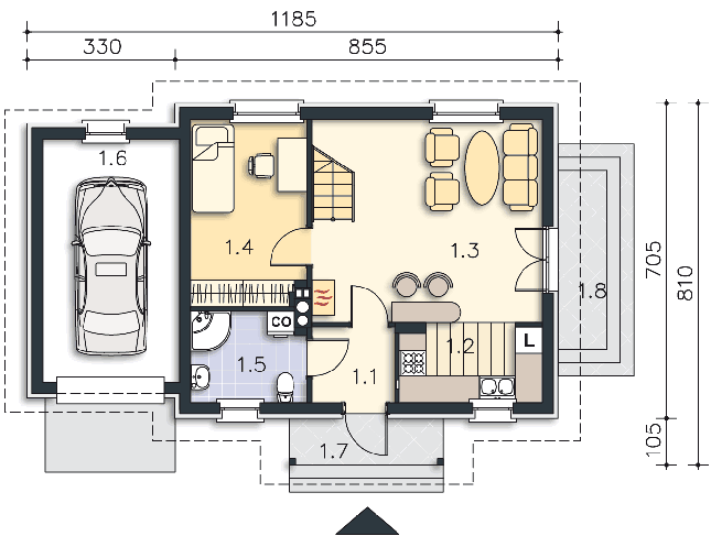Rzut parteru POW. 63,8 m²