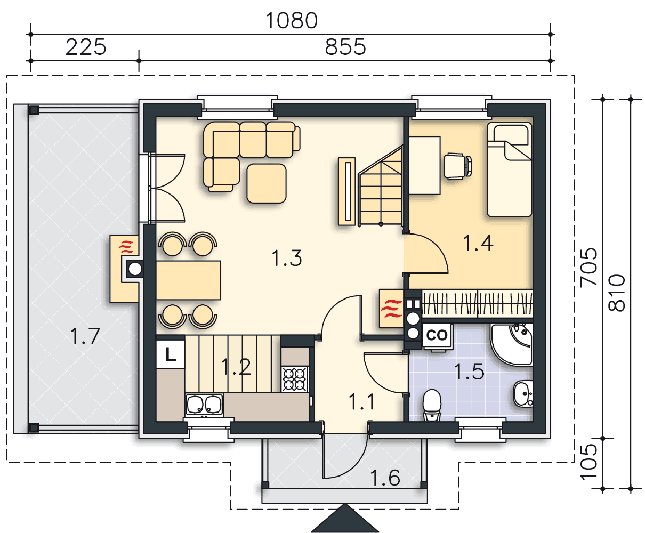Rzut parteru POW. 47,6 m²