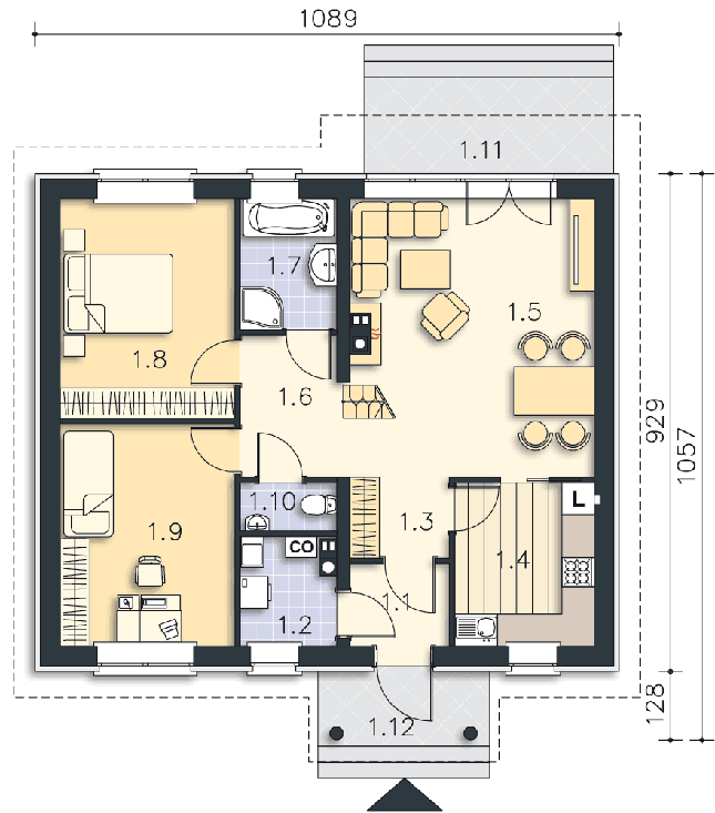 Rzut parteru: (plus możliwość adaptacji poddasza 40,6 m2) POW. 77,9 m²
