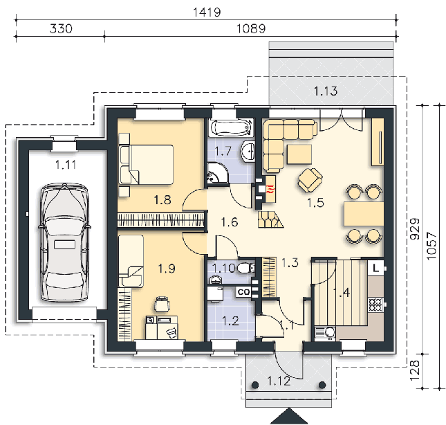 Rzut parteru: (plus możliwość adaptacji poddasza 40,7 m2) POW. 95,7 m²