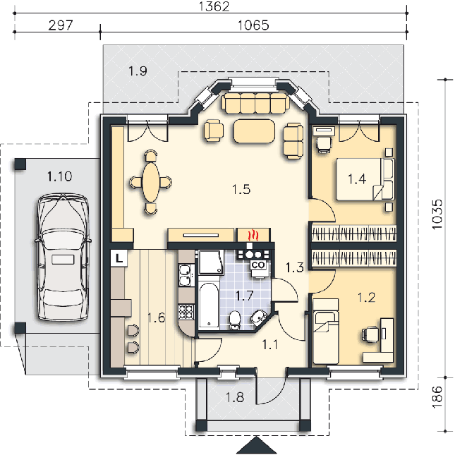Rzut parteru: (plus możliwość adaptacji poddasza 24,8 m2) POW. 83,1 m²