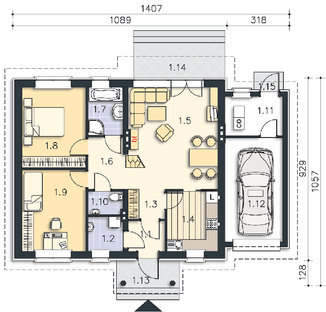 Rzut parteru: (plus możliwość adaptacji poddasza 40,7 m2) POW. 99,4 m²