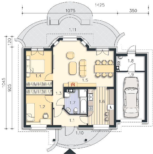 Rzut parteru lustro: (plus możliwość adaptacji poddasza 27,6 m2) POW. 105,1 m²