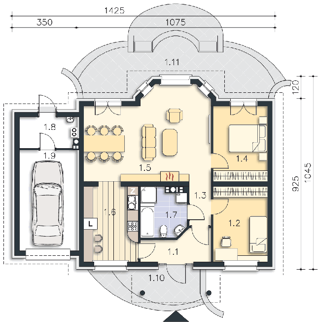 Rzut parteru: (plus możliwość adaptacji poddasza 27,6 m2) POW. 105,1 m²