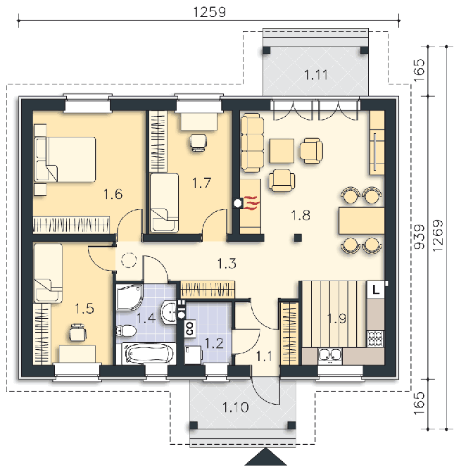 Rzut parteru: (plus możliwość adaptacji poddasza 32,8 m2) POW. 92,5 m²