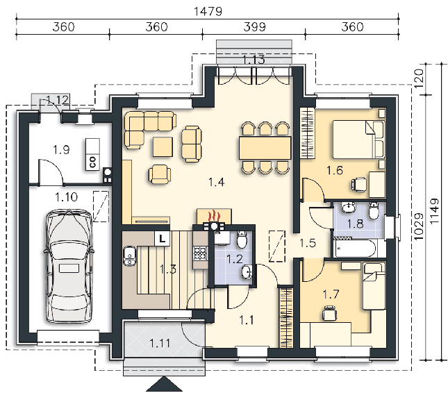 Rzut parteru: (plus możliwość adaptacji poddasza 38,0 m2) POW. 114,0 m²