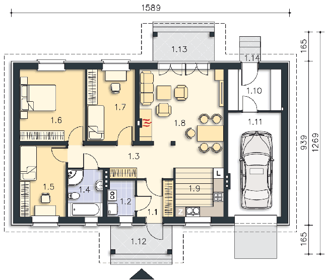 Rzut parteru: (plus możliwość adaptacji poddasza 32,8 m2) POW. 119,2 m²