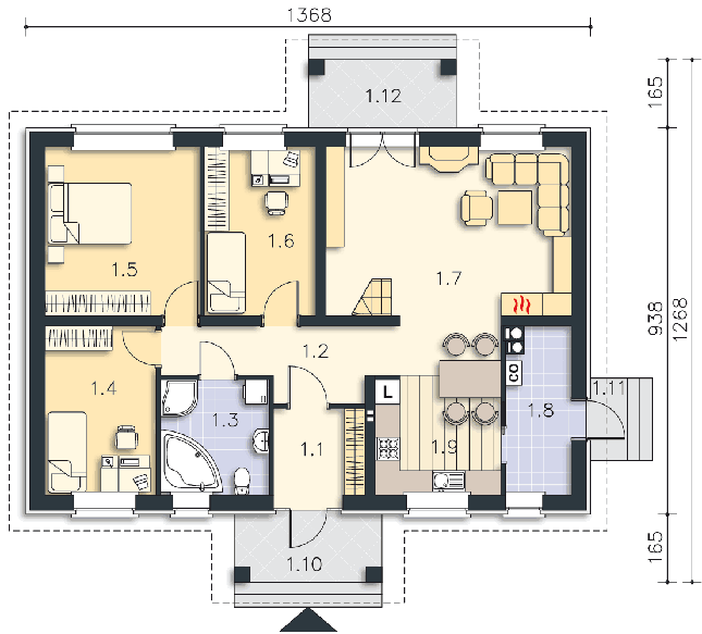 Rzut parteru: (plus możliwość adaptacji poddasza 44,9 m2) POW. 99,8 m²