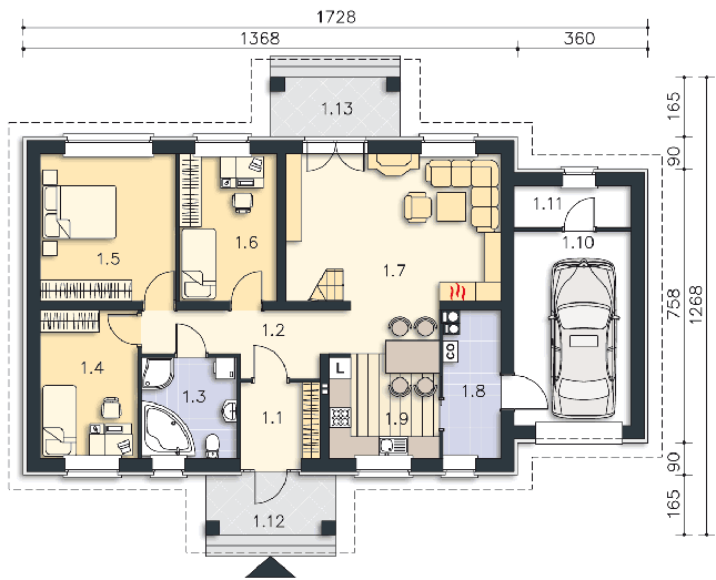 Rzut parteru: (plus możliwość adaptacji poddasza 44,9 m2) POW. 121,2 m²