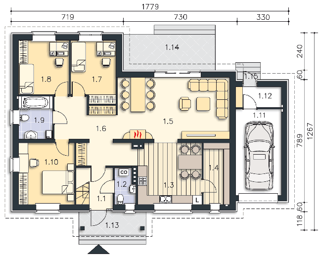 Rzut parteru: (plus możliwość adaptacji poddasza 46,5 m2) POW. 138,6 m²