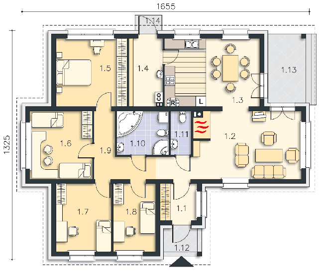 Rzut parteru: (plus możliwość adaptacji poddasza 28,8 m2) POW. 130,9 m²