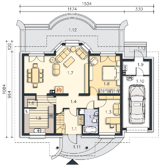Rzut parteru POW. 115,9 m²