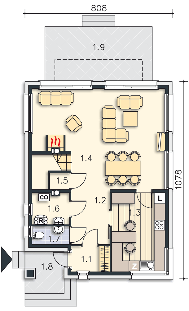 Rzut parteru POW. 63,8 m²