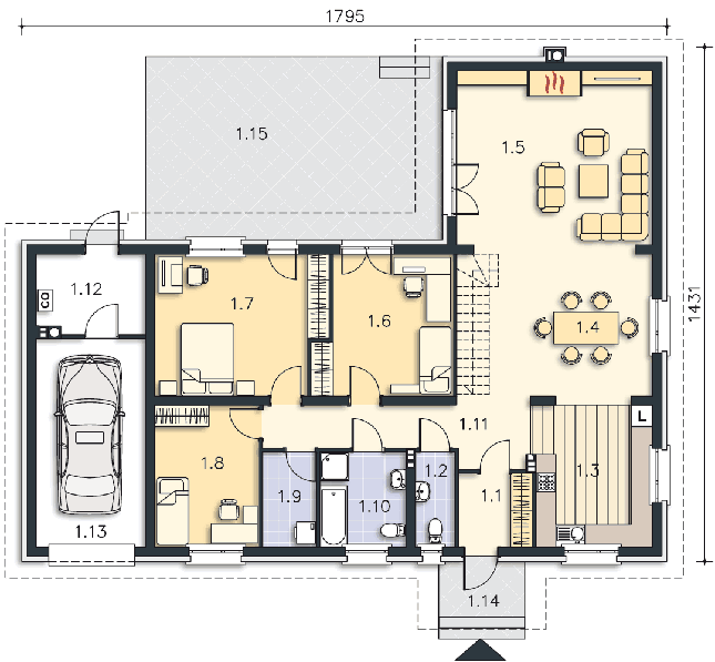 Rzut parteru: (plus możliwość adaptacji poddasza 34,4 m2) POW. 157,4 m²