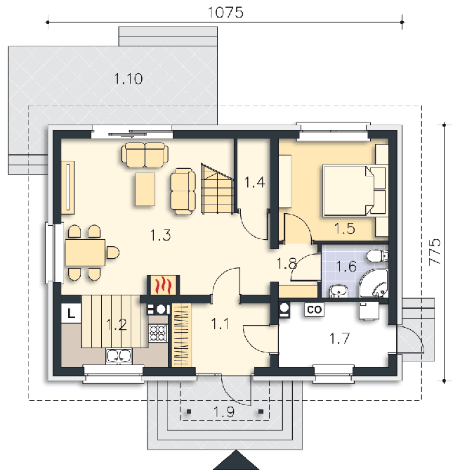 Rzut parteru POW. 64,0 m²