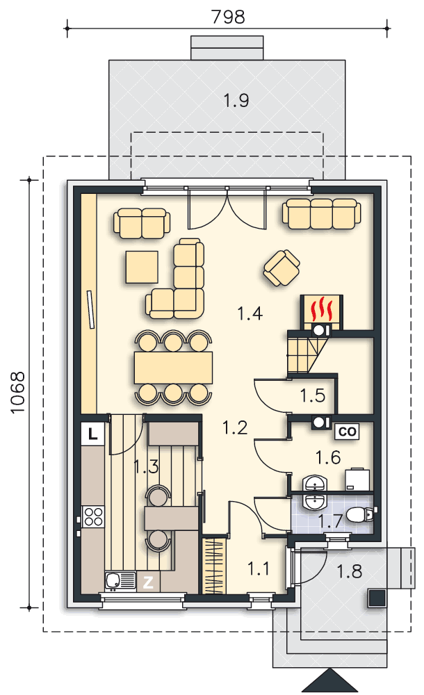 Rzut parteru lustro POW. 63,8 m²