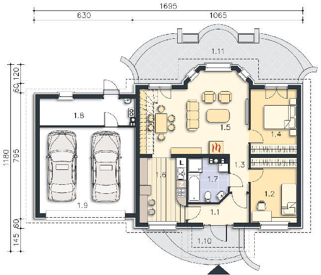 Rzut parteru: (plus możliwość adaptacji poddasza 42,1 m2) POW. 125,4 m²