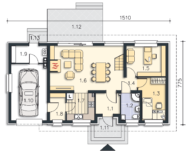 Rzut parteru POW. 90,8 m²